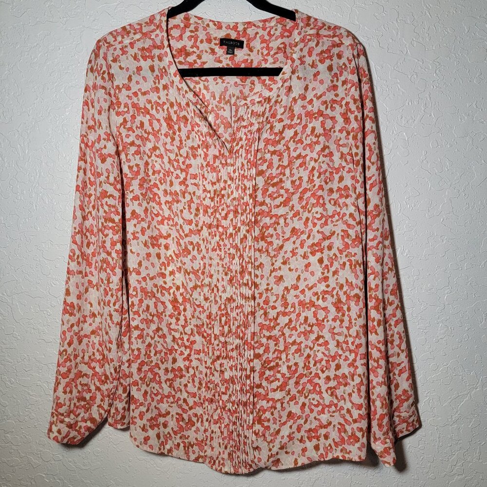 Talbots Top Womens XL Pink Abstract Artsy Pintuck Long Sleeve Popover Blouse